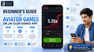 A professional infographic banner for Jai Club Games titled "Beginner’s Guide to Aviator Games." The image features a central smartphone displaying the Aviator game interface with a 5.26x multiplier, a three-step guide (Download, Open, Learn), and a young man smiling while playing on his phone.