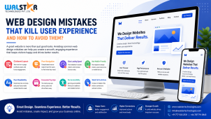“Illustration showing common web design mistakes that negatively impact user experience, including cluttered layouts, slow loading websites, poor mobile responsiveness, confusing navigation, and difficult-to-read content, with modern UI/UX improvement concepts.”