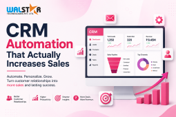 CRM automation dashboard banner with sales analytics, lead management charts, workflow automation icons, and growing revenue graph on a soft white and pink background representing business growth and customer relationship management technology.