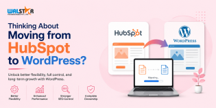 Thinking about moving from HubSpot to WordPress website migration banner with light pink background, WordPress migration illustration, SEO optimization, better flexibility, website control, and performance improvement services by Walstar Technologies.