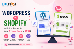 WordPress vs Shopify comparison banner for online store development in 2026 featuring eCommerce website platforms, WooCommerce, Shopify store solutions, SEO optimization, mobile-friendly design, website performance, and modern online business growth strategies.